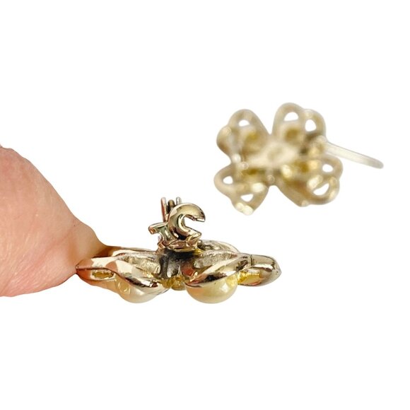 Shamrock 4Leaf Clover Sweater Scatter Pins Faux Pearl Rhinstone Gold Tone Set 2 - Picture 6 of 7